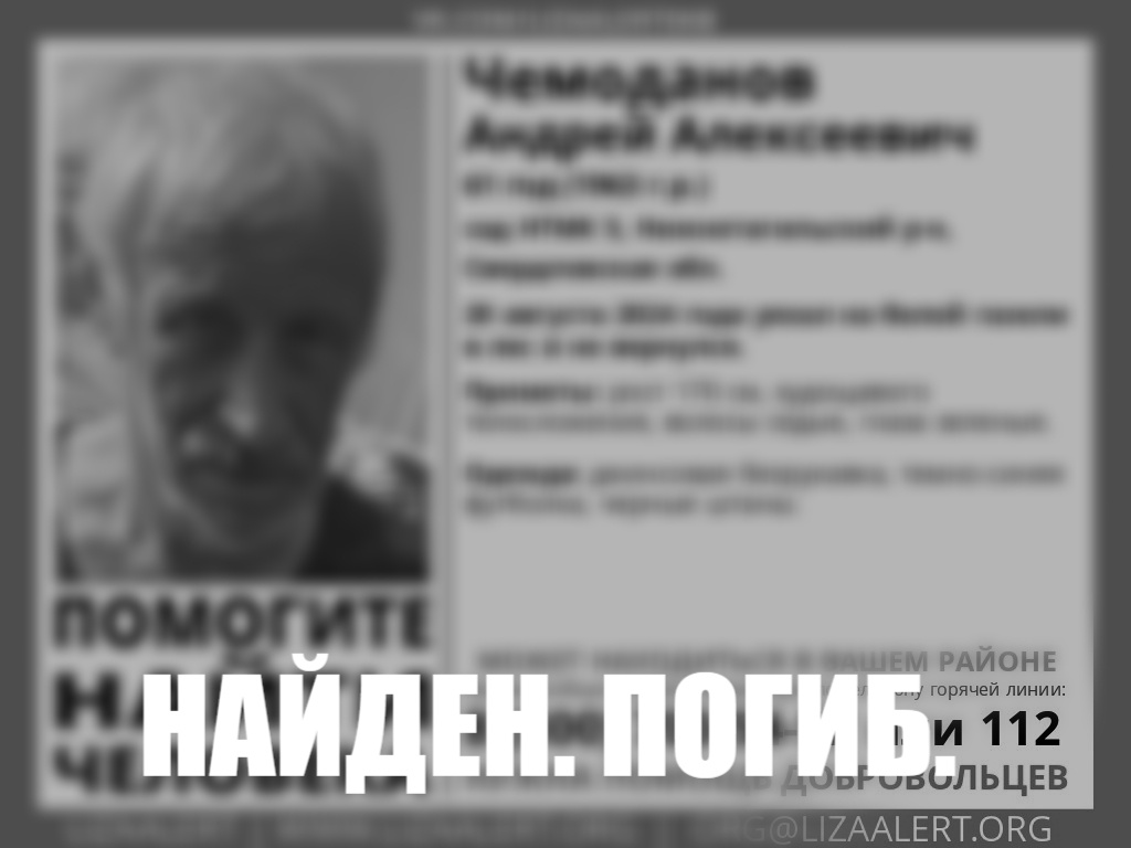 В Нижнем Тагиле найден мёртвым пропавший 61-летний Андрей Чемоданов